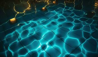 Haut vue de embrasé lumières reflétant sur l'eau surface dans nager bassin à nuit, génératif ai photo