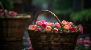 une panier plein de des roses après le pluie, bokeh Contexte. génératif ai photo