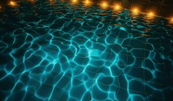 captivant Haut vue de illuminé lumières moulage une chatoyant épeler sur le la piscine l'eau surface, génératif ai photo