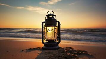 un vieux lanterne se prélasse dans le vibrant coucher de soleil, création une nostalgique atmosphère sur le plage. génératif ai photo