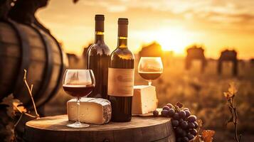 bouteilles et verres à vin avec les raisins et baril dans rural scène photo