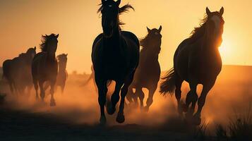les chevaux fonctionnement sur plaines à crépuscule et coucher de soleil, silhouette de fonctionnement les étalons, sauvage les chevaux en cours d'exécution, , génératif ai photo