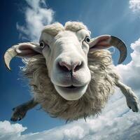 une mouton, en volant mouton sur bleu ciel Contexte. génératif ai photo