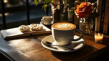 une tasse de café avec livre et stylo sur le en bois table ai généré photo