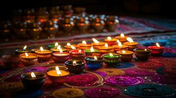 pétrole les lampes allumé sur coloré rangoli pendant diwali fête, génératif une photo