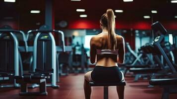 Jeune femme pousser sa limites avec poids exercice à le salle de sport. génératif ai photo