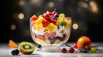 coloré fruit salade dans une verre bol avec différent tranché des fruits et fouetté crème yaourt dans une agréable installer environnement. génératif ai photo