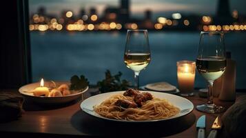 une assiette de Pâtes et du vin sur une table avec une vue de le l'eau et une pont dans le Contexte. génératif ai photo