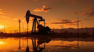 silhouette de brut pétrole Pumpjack plate-forme sur désert silhouette dans soir coucher de soleil, énergie industriel machine pour pétrole gaz production. génératif ai photo
