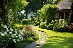 épanouissement fleurs dans une jardin, magnifique villa dans le jardin. photo