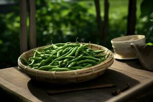 vert des haricots dans une panier. génératif ai photo