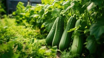 Zucchini avec vert feuilles croissance dans le légume jardin. photo