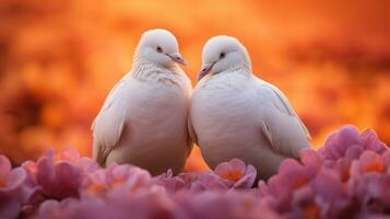 couple de blanc pigeons séance dans rose fleurs. génératif ai photo