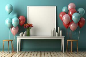 Haut vue maquette, coloré des ballons, blanc cadre, bleu en bois table ai généré photo