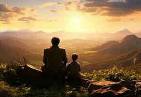 une homme et garçon séance sur Haut de une Montagne à prendre une vue dans le le coucher du soleil photo