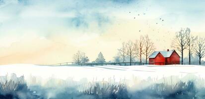 une aquarelle illustration de une rouge ferme maison et pin des arbres photo