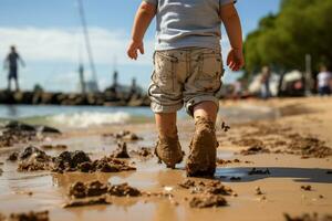 enfant Étape importante moment, faire un pas en toute confiance sur le plages chaud le sable ai généré photo