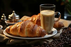 confortable petit déjeuner scène deux des croissants, café, et des haricots sur artisanat papier ai généré photo