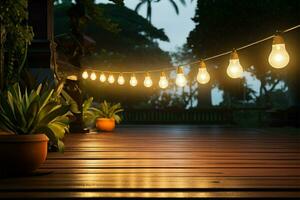 lumières draper en bois porche, attrayant périple le long de jardins tranquille chemin ai généré photo