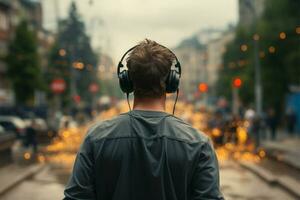 en marchant homme dans le rythme, écouteurs amplifier le sien musical périple ai généré photo