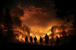 silhouette gens en train de regarder forêt Feu dans nuit ai généré photo