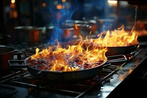 cuisine dans cuisine, le fourneau émet brûlant bleu et Jaune flammes ai généré photo
