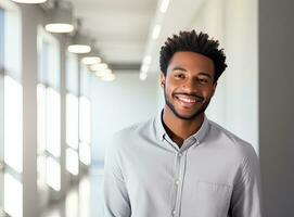 un africain américain Masculin employé à le bureau. ai généré photo