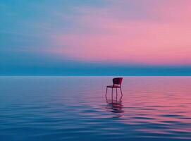 une chaise dans le mer à le coucher du soleil. solitude et unité avec la nature concept. ai généré photo