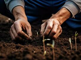 agriculteur plantation une arbre semis. se soucier pour environnement concept. ai généré photo