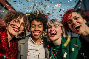 Multi-éthnique copains avec confettis célébrer, de fête ambiance. ai généré photo