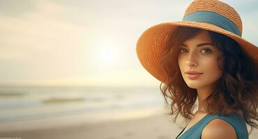 femme dans une chapeau sur le plage à le coucher du soleil avec copie espace. ai généré photo