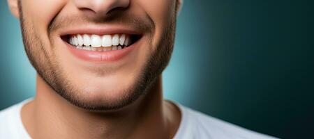 homme avec en bonne santé dents. oral dentaire se soucier concept. ai généré photo