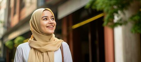 une Jeune malais musulman femme souriant et à la recherche loin. ai généré photo