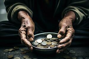 paire de vieux mains en portant une bol rempli avec pièces de monnaie. la pauvreté concept. ai généré photo