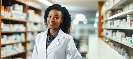 africain américain femelle pharmacien à pharmacie. ai généré photo