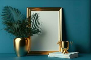 maquette de une affiche Cadre avec bleu Contexte et or paume les plantes dans une vase. photo Cadre avec une de face vue sur une bureau ou une blanc livre étagère. intérieur, établi numériquement. génératif ai