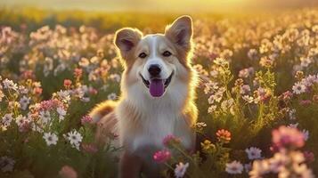 charmant corgi chien avec fleurs dans le printemps. génératif ai photo