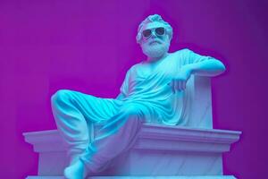 une blanc statue de Platon dans une cool pose, portant magenta et cyan 3d lunettes, prêt à faire la fête. ai génératif photo