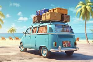été voyage, bleu voiture van avec bagage pour été vacances, plage mer voir, vacances, ai génératif photo
