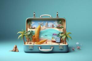 Créatif été plage composition dans valise sur bleu arrière-plan, une Voyage concept idée dans 3d le rendu. ai génératif photo