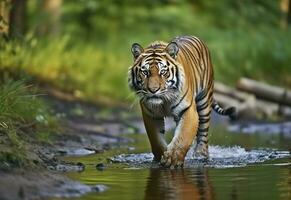 amour tigre en marchant dans le l'eau. dangereux animal. animal dans une vert forêt flux. génératif ai photo