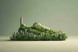 une photo a été pris chaussure avec verdure et ville , carbone empreinte concept. ai génératif