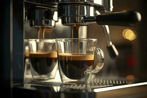 une professionnel café machine en train de préparer un Expresso café dans une verre tasse, ai génératif photo