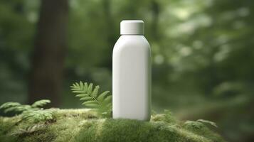 Naturel cosmétique produit présentation coulisses. en plein air forêt placement. blanc Vide pot shampooing bouteille. 3d. ai génératif photo