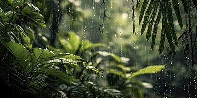 pluie chutes dans une forêt tropicale avec le pluie gouttes. génératif ai photo