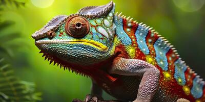 une coloré proche en haut caméléon avec une haute crête sur ses diriger. génératif ai photo