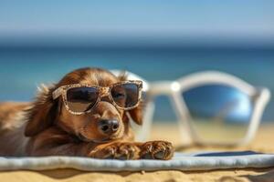 chien chiot portant des lunettes de soleil, mensonge sur une transat à bain de soleil à le plage mer sur été vacances, vacances. marrant concept. ai génératif photo