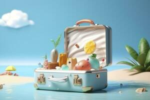 Créatif été plage composition dans valise sur bleu arrière-plan, une Voyage concept idée dans 3d le rendu. ai génératif photo