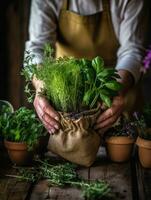 la personne en portant une pot de herbes, durabilité génératif ai photo