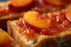 pêche griller, macro coup de une Frais petit déjeuner avec égouttage Miel, ai généré photo